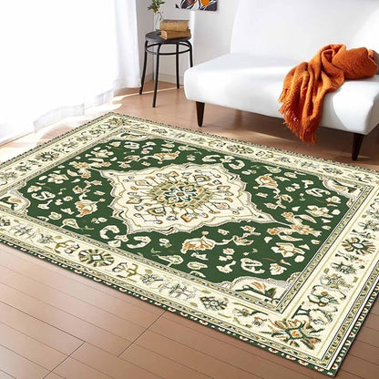 Green Bohemian Rectangular Area Rugs for Living Room Bedroom 3 x 5 ft Vintage Farmhouse Floral Pattern Non-Shedding Soft Low Pile Rug Non Slip Washable Rug for Nursery Entryway Playroom