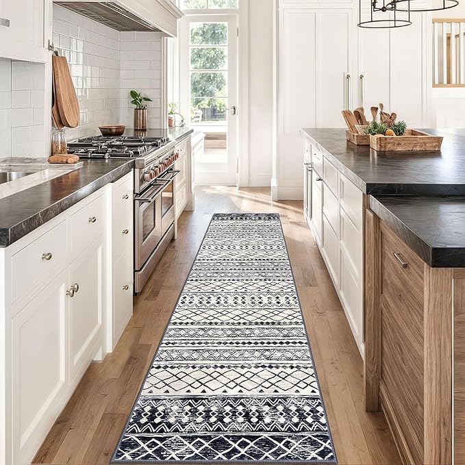 KUTA Moroccan Kitchen Rugs 2x8, Non-Slip Vintage Black Navy Blue Boho Hallway Runner Rug Ultra Soft Print Geometric Floor Carpet Runners for Bedroom Laundry Living Room
