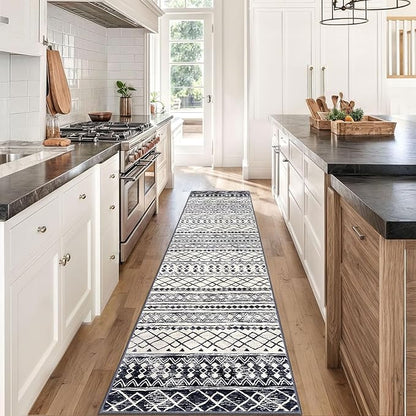 KUTA Moroccan Kitchen Rugs 2x8, Non-Slip Vintage Black Navy Blue Boho Hallway Runner Rug Ultra Soft Print Geometric Floor Carpet Runners for Bedroom Laundry Living Room
