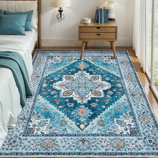 Tangsoo Blue 4x6 Area Rug, Vintage Washable Non Slip Indoor Rugs, Oriental Machine Washable Rug Carpet, Soft Low Pile Foldable Floor Rugs for Dining Room Bedroom Living Room Home Decor