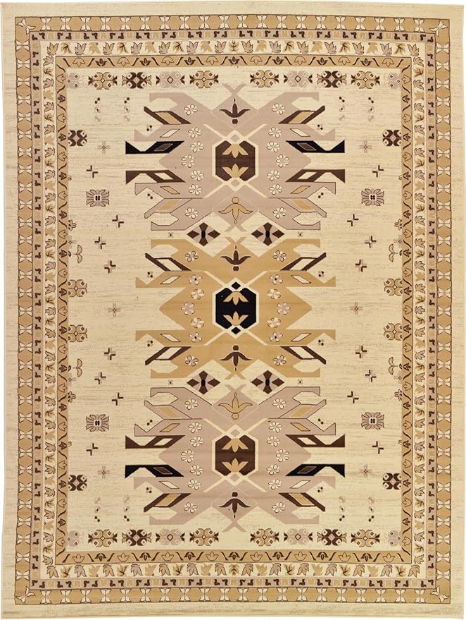 Unique Loom Taftan Collection Border Geometric Tribal Inspired Design Area Rug (9' 10 x 13' 0 Rectangular, Ivory/ Tan)