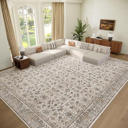 Washable 9x12 Area Rugs for Living Room, Boho Non-Slip Vintage Distress Lager Rugs for Bedroom Dining Room Nursery Office, 0.3" Neutral Oriental Throw Thin Carpet, Cream/Blue/Orange/Multi