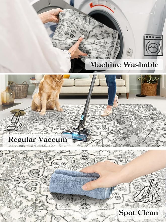 Lahome Round Rug 5'3"Ft, Soft Rugs for Living Room Machine Washable Rugs for Bedroom, Bohemian Medallion Non-Slip Non-Shedding Print Indoor Carpet for Entryway Bathroom Coffee Table, Beige