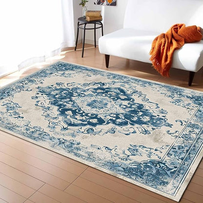 Blue Bohemian Rectangular Area Rugs for Living Room Bedroom 3 x 5 ft Vintage Farmhouse Floral Pattern Non-Shedding Soft Low Pile Rug Non Slip Washable Rug for Nursery Entryway Playroom