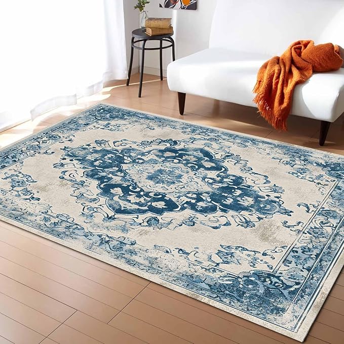 Blue Bohemian Rectangular Area Rugs for Living Room Bedroom 4 x 6 ft Vintage Farmhouse Floral Pattern Non-Shedding Soft Low Pile Rug Non Slip Washable Rug for Nursery Entryway Playroom