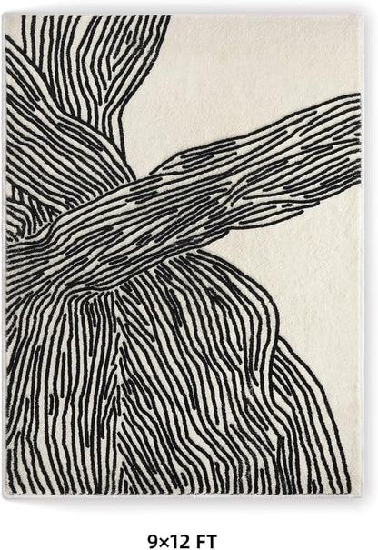 YIHOUSE 9×12 Ft Washable Rug, Black and White Abstract Area Rug for Bedroom, Living Room, Dining Room, Office, Playroom, Nursery, Ultra Thin Nonslip Modern Large Rugs Soft Contemporary Striped Rugs