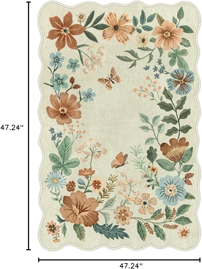 Lahome Floral Bedroom Rug,4x6 Washable Area Rugs for Living Room Dining Room, Non Slip Ultra-Thin Stain Resistant Boho Throw Carpet for ‎Office (4x6ft,Beige)
