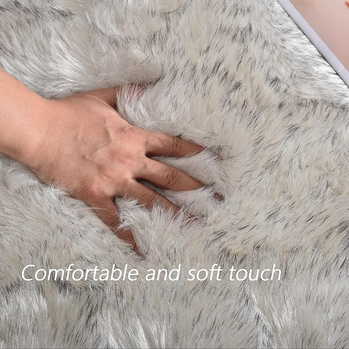 Latepis Large Rug for Living Room Rugs 6.7x10 White with Grey Tips Faux Sheep Skin Fur Rug for Bedroom Fluffy Furry Rugs Home Décor, Rectangle