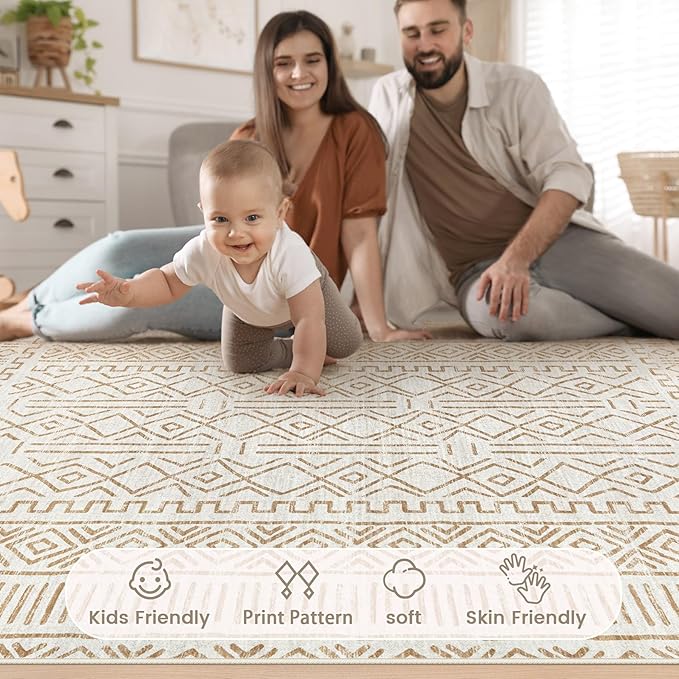5x7 Area Rug Living Room: Washable Boho Geometric Moroccan Rug Neutral Modern Farmhouse Indoor Soft Non Slip Ultra Thin Printed Pattern Carpet for Dining Room Bedroom Nursery Home (BeigeBrown, 5'x7')