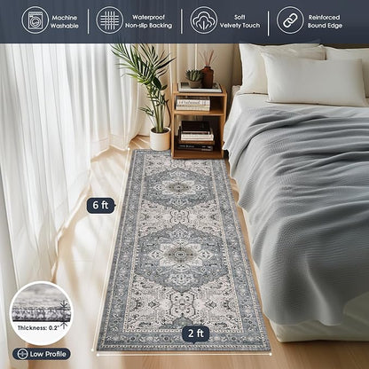 PURRUGS Vintage Farmhouse Boho Runner Rug 2x6 ft, Non-Slip Machine Washable Rug, Accent Oriental Area Rug for Kitchen, Hallway, Entryway, Bedroom, Living Room & Dining Room, Periwinkle Gray/Soft Ivory