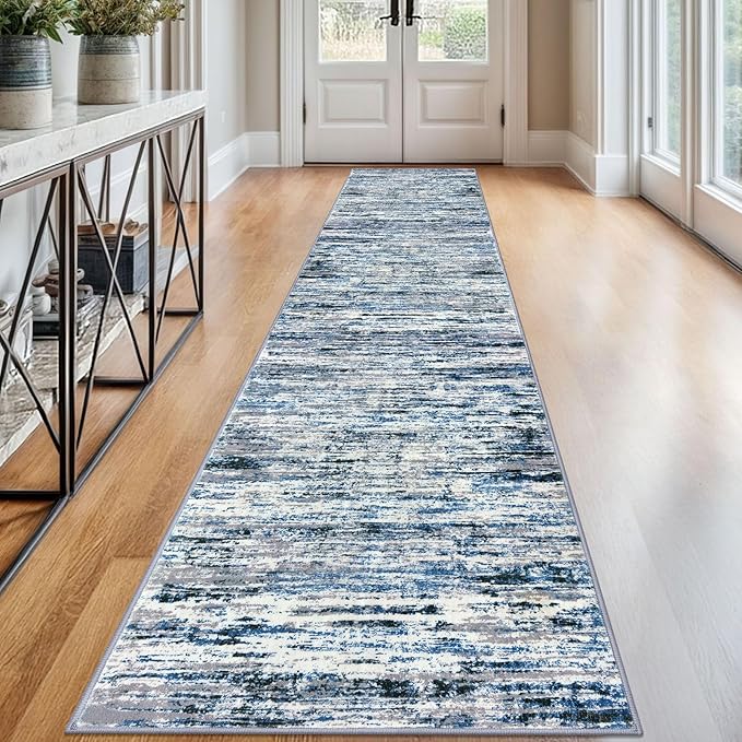 Modern Abstract Runner Rug 2.6x12, Grey Blue White Washable Long Kitchen Runner Non-Slip Soft Hallway Rug Runner Thin Print Faux Wool Carpet for Entryway Bedroom Laundry Room Indoor Home Decor