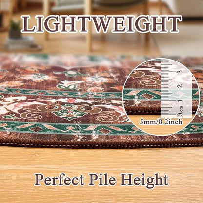 U'Artlines Boho Vintage Round Area Rug 8ft Machine Washable Low Pile Soft Floor Carpet Non Slip Non Shedding Accent Rug for Living Room Bedroom Entryway Dining Room Office Rust＆Teal