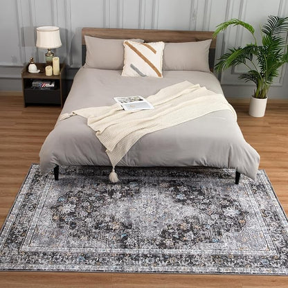 5x7 Washable Rug – Boho Non-Slip Indoor Area Rug for Living Room, Bedroom, Dining Room, Entryway – Charcoal Grey and Ivory with Blue Highlights