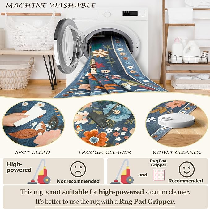 Floral 2x8 Area Rug Machine Washable Soft Print Boho Carpet Non Slip Doormat Low Pile Flower Area Rugs for Living Room Bedroom Nursery Kitchen Dining Room Indoor-Blue/Grey