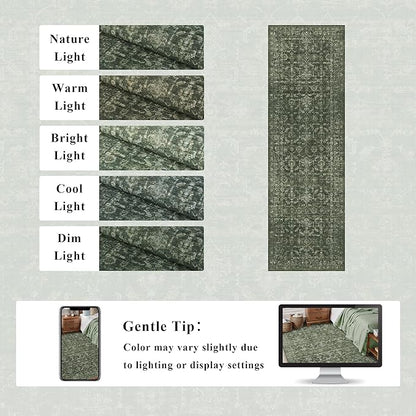Washable Area Rug 2x6 Green Runner Rugs for Living Room, Vintage Boho Hallway Large Rug for Bedroom Dining Room Office, Distressed Floral Carpet for Under Table, Soft Non Slip Low Pile Throw Carpet