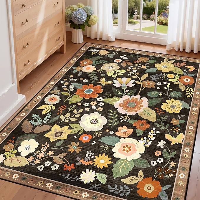 Floral 4x6 Area Rug Machine Washable Soft Print Boho Carpet Non Slip Doormat Low Pile Flower Area Rugs for Living Room Bedroom Nursery Kitchen Dining Room Indoor-Black/Yellow/Red