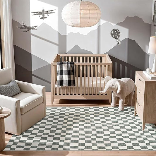 jinchan 5x7 Checkered Area Rugs for Kids Room - Machine Washable Soft Rug Modern Geometric Lattice Non-Slip Carpet for Nursery Playroom Classroom Living Room Bedroom Dining Room Home Office Grey