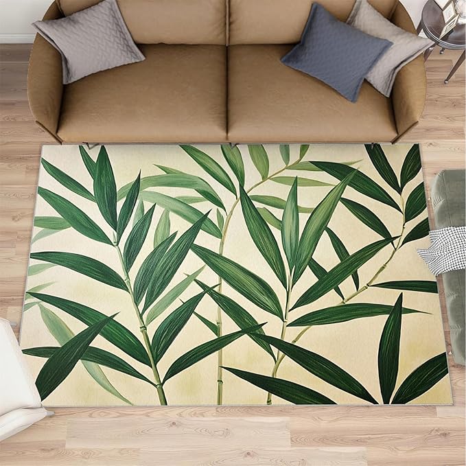 5x6 Bamboo Leaves Rugs for Office - Realistic Botanical Art Living Room Carpet, Minimalist Leaves Bedroom Area Rug Kids Low Pile Rug for Indoor Outdoor Hardwood Floors Home Decor