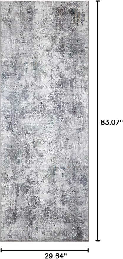 GLN Rugs Contemporary Collection - Machine Washable Area Rug, Contemporary Washable, Non Slip, Low Pile Chenille Rug, Living Room, Bedroom, Kitchen Rug (2'6" x 7' Grey/Green)