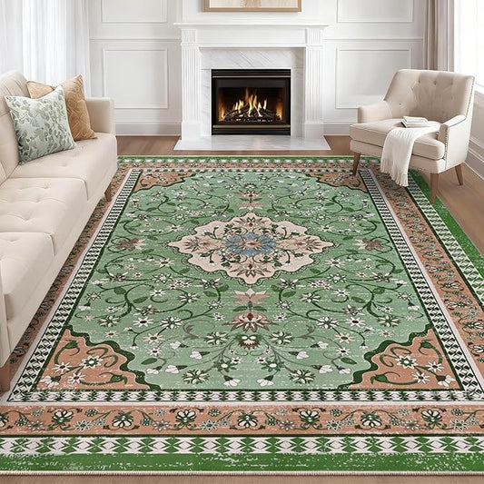 Luxury 5' x 7' Green Washable Area Rugs, Boho Low Pile Easy Clean Non-Slip Rug, Floral Medallion Pattern Vintage Rugs for Living Room, Dinning Room, Office, Bedroom, Bathroom, Laundry Room, Farmhouse