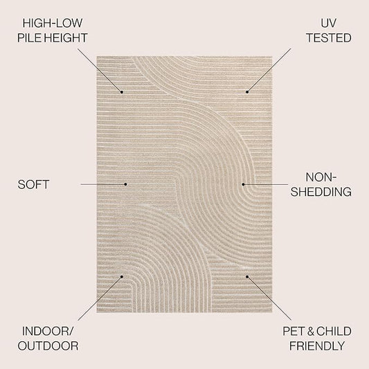 JONATHAN Y Hallie High-Low Curve Beige/Cream 8x10 Indoor/Outdoor Area Rug, Minimalist Geometric, Pet Friendly, for Patio, Backyard, Living Room, Bedroom, Office, Hose-Washable (SCN100D-8)