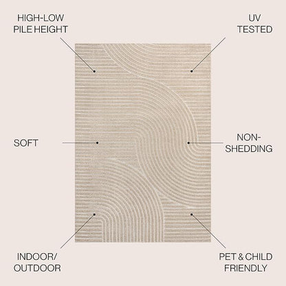 JONATHAN Y Hallie High-Low Curve Beige/Cream 5x8 Indoor/Outdoor Area Rug, Minimalist Geometric, Pet Friendly, for Patio, Backyard, Living Room, Bedroom, Office, Hose-Washable (SCN100D-5)