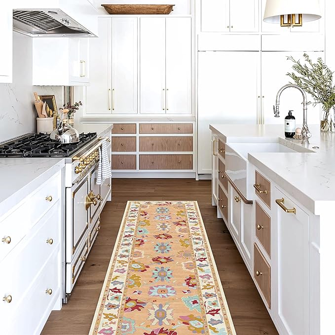 Fame Living Orange Oushak Rug, Vintage Turkish Eclectic Floral Sweet Pastel Large Runner Rugs for Hallway Kitchen Living Room Dining Bedroom Kitchen Bathroom 2'5"x13'