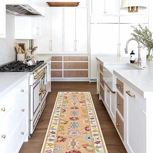 Fame Living Orange Oushak Rug, Modern Rugs, Vintage, Turkish, Eclectic, Floral, Pastel, Washable, Small Throw, Accent Area Rug for Living Room, Bedroom, Kitchen, Bathroom, 2'5"x4'9"