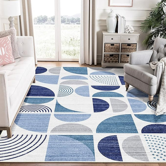 MUJOO Blue Rug Boho Washable,6x9 Area Rugs for Living Room Bedroom Dining Room,Large Throw Floor Carpet Non Slip Soft Modern Abstract Navy Blue