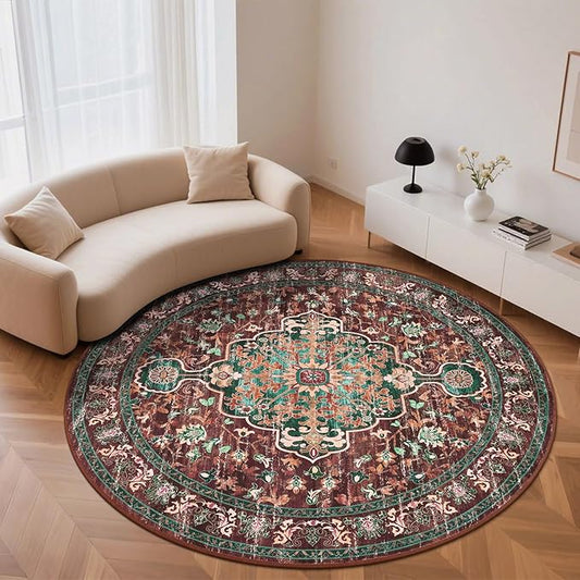 U'Artlines Boho Vintage Round Area Rug 8ft Machine Washable Low Pile Soft Floor Carpet Non Slip Non Shedding Accent Rug for Living Room Bedroom Entryway Dining Room Office Rust＆Teal