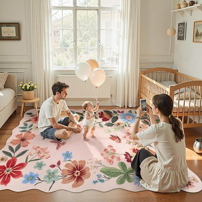 Lahome Floral Living Room Rugs, Pink Area Rugs 5x7 Rug for Bedroom Ultra-Thin Soft Non-Slip Washable Rugs Stain Resistant Throw Boho Carpet for ‎‎Nursery Playroom Classroom, Light Pink