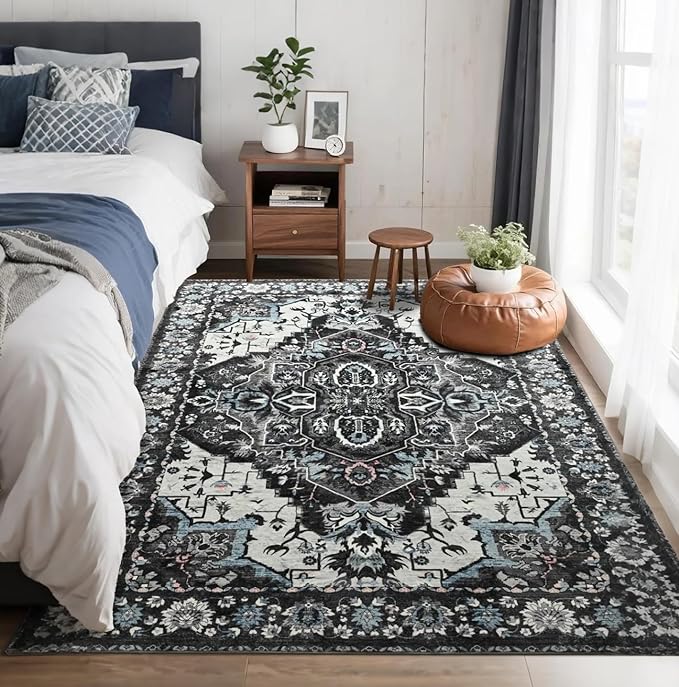 Beglad Area Rugs 4x6 for Living Room, Bedroom, Washable Vintage Rugs -Low Pile Soft Distressed Rugs for Kitchen, Dining Room, Non Shedding, Black and Blue