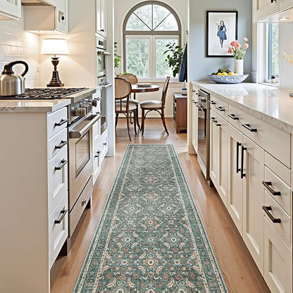 WITSHOCK Washable 3x10 Long Runners Rugs for Hallways,Vintage Neutral Hallway Rugs for Entryway Kitchen Bedroom,Vintage Farmhouse Home Decor(Teal Blue,3x10)