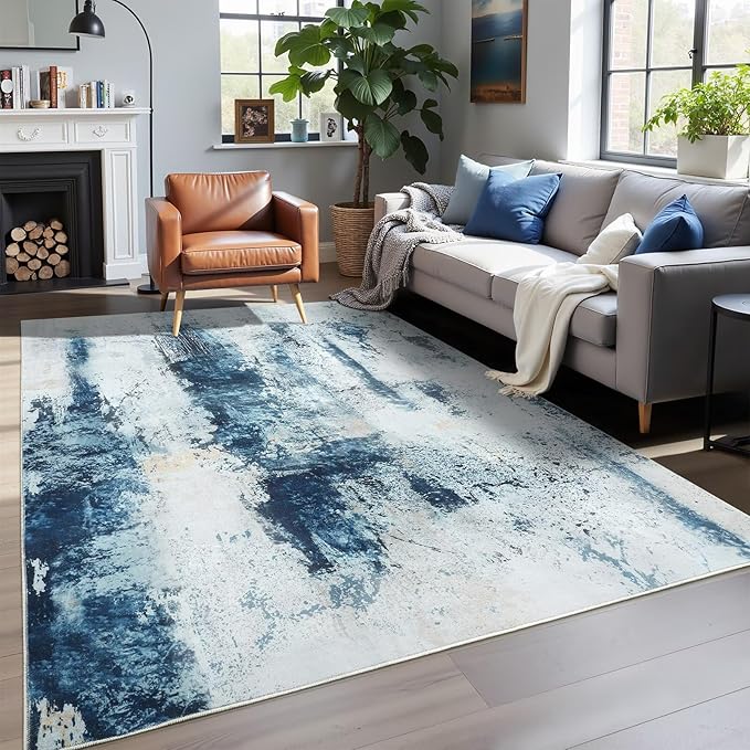 Washable Abstract Rug, 7x10 Modern Area Rugs with Non-Slip Rubber Backed for Living Room, Thin but Soft Contemporary Carpet Kitchen Bedroom Dining Room Decor, Blue White