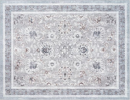 Phantoscope Washable Area Rug 9'x12' Non-Slip, Vintage Neutral Rugs for Living Room, Bedroom, Dining Room, Distressed Boho Floral Medallion Pattern, Low-Pile Foldable Floor Carpet, Light Grey/Neutral