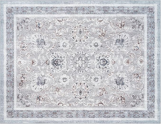 Phantoscope Washable Area Rug 9'x12' Non-Slip, Vintage Neutral Rugs for Living Room, Bedroom, Dining Room, Distressed Boho Floral Medallion Pattern, Low-Pile Foldable Floor Carpet, Light Grey/Neutral