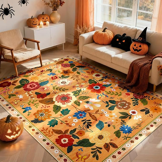 Floral 3x5 Area Rug Machine Washable Soft Print Boho Carpet Non Slip Doormat Low Pile Flower Area Rugs for Living Room Bedroom Nursery Kitchen Dining Room Indoor-Yellow/Orange