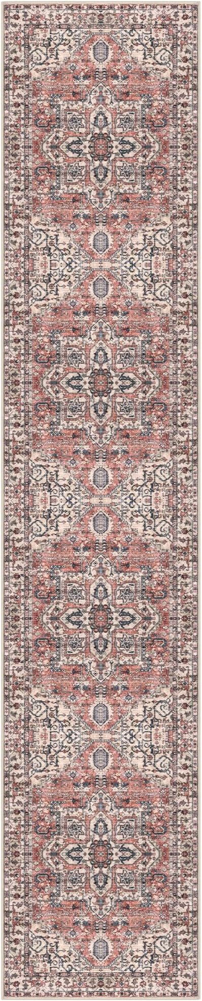 KOZYFLY Runners for Hallways 3x12 Ft Extra Long Washable Faux Wool Thin Hallway Rug Boho Runner Carpet Printed Entryway Rug for Bedroom Stairs Kitchen Living Room Hall, Terracotta/Beige