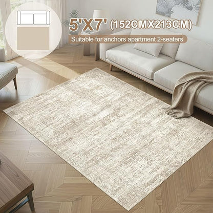 Area Rug Living Room Rugs - 5x7 Abstract Large Soft Indoor Washable Rug Neutral Modern Low Pile Carpet for Bedroom Dining Room Farmhouse Home Office - Vintage Beige
