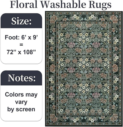 6x9 Black and Green Floral Area Rug for Living Room, Washable Non Slip Rugs for Bedroom Non Slip, Low Pile Large Indoor Accent Carpet for Office, Dining Room, Farmhouse