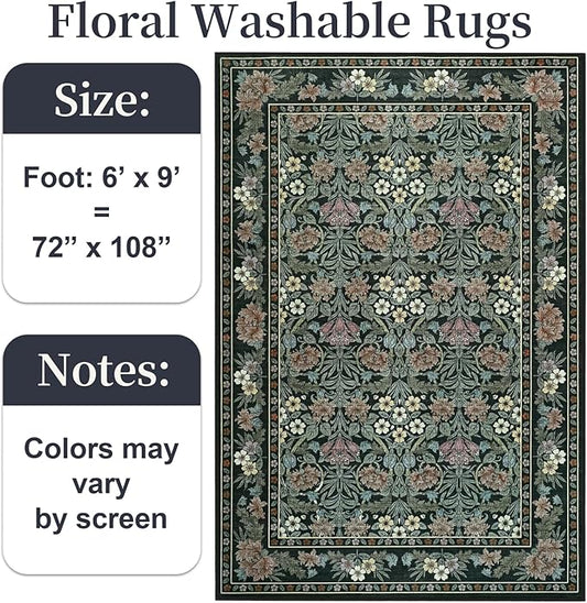 6x9 Black and Green Floral Area Rug for Living Room, Washable Non Slip Rugs for Bedroom Non Slip, Low Pile Large Indoor Accent Carpet for Office, Dining Room, Farmhouse