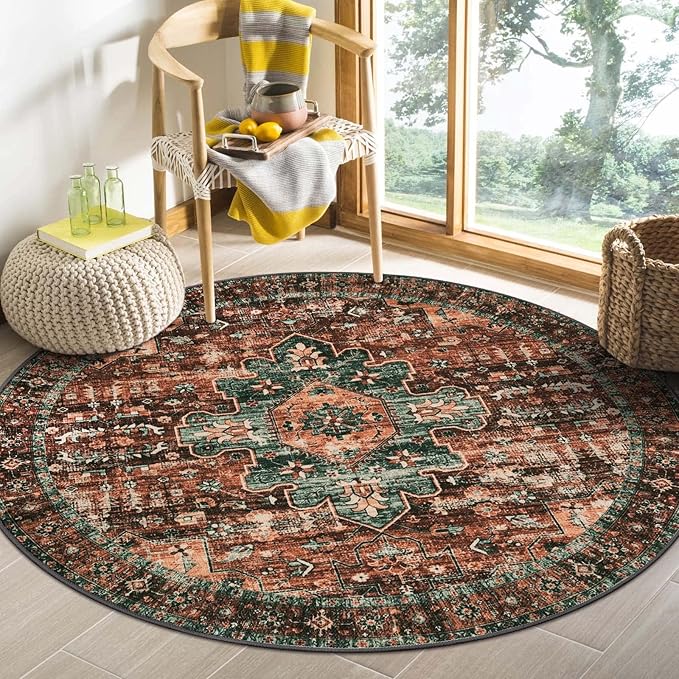 Moynesa Ultra-Thin Washable Round Rug - 4Ft Round Area Rugs for Bedroom Brown Bathroom Circle Mat, Non Slip Non Shedding Low Pile Indoor Floor Carpet for Living Room Coffee Table Kitchen, Brown