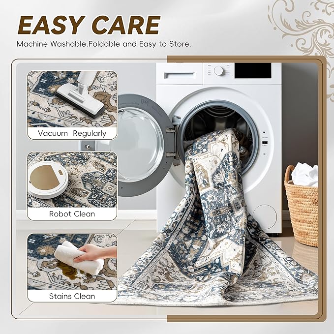 EnHomee 8x10 Area Rugs Washable for Bedroom, Boho Vintage Rugs, Foldable Area Rug for Dining Room, Non-Slip Soft Living Room Rug, Low Pile Large Carpet for Bathroom, Blue and Brown