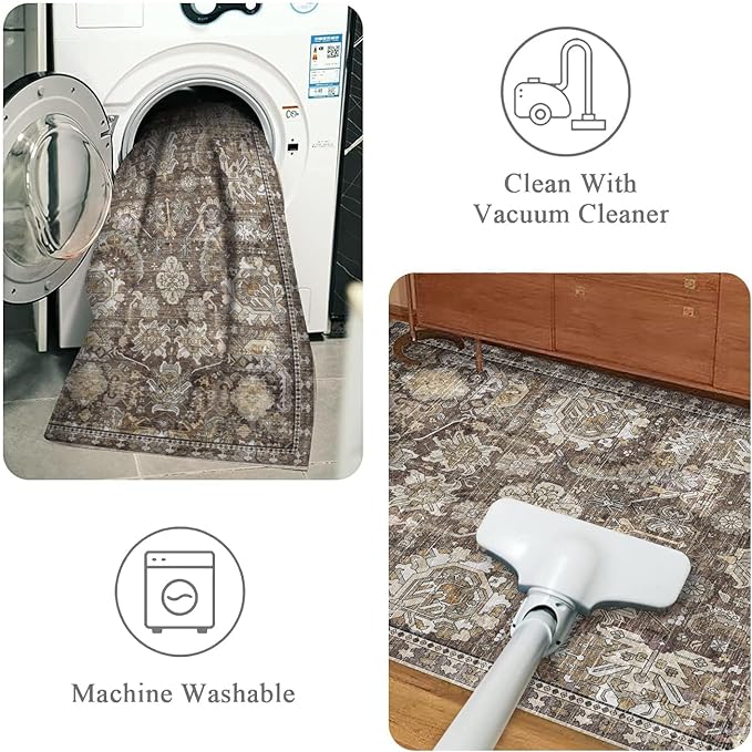 RUGSURE Washable Area Rugs - Perfect for Living Room, Bedroom, Kids Room, Nursery - Stain & Water Resistant Non-Slip, Pet & Child Friendly, Vintage Tribal Area Rugs (Ivory, 8' x 10')