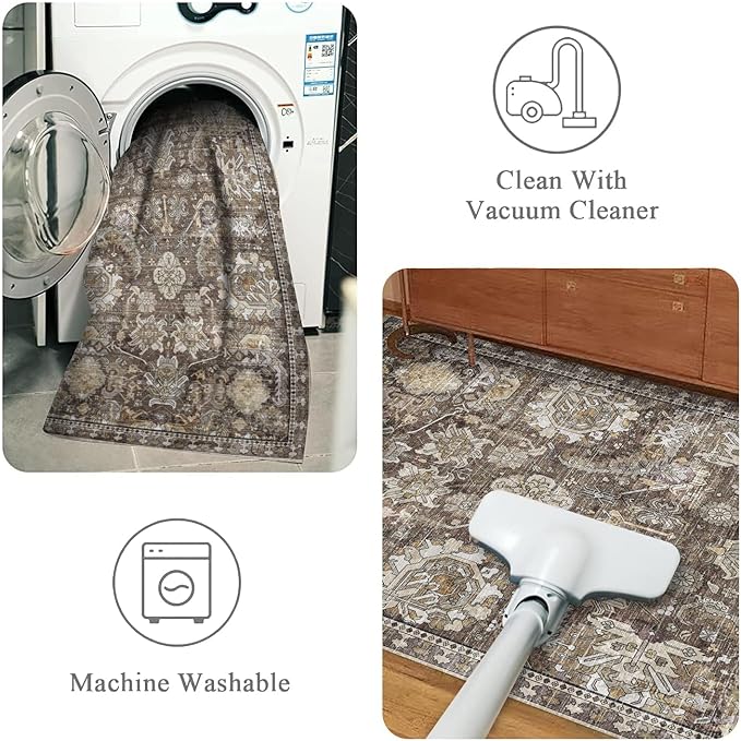 RUGSURE Washable Area Rugs - Perfect for Living Room, Bedroom, Kids Room, Nursery - Stain & Water Resistant Non-Slip, Pet & Child Friendly, Vintage Tribal Area Rugs (Ivory, 5' x 7')