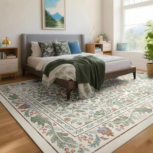 Beige Floral 5x7 Area Rugs for Living Room Large Washable Rug Vintage Forest Low Pile Non Slip Stain Resistance Soft Carpet for Dining Room, Bedroom, Office Rug, Kids Room, Nursery Room, Playroom