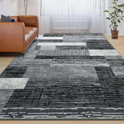 Large Area Rugs,Modern Geometric Patchwork Floor Decor for Bedroom Aesthetic Carpet, Rockwood Collection, Indoor Rugs for Living Room, Dining Room, Nursery, Office, Machine Washable Rug,9x12 Ft Grey
