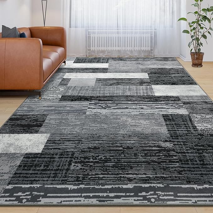 Large Area Rugs,Modern Geometric Patchwork Floor Decor for Bedroom Aesthetic Carpet, Rockwood Collection, Indoor Rugs for Living Room, Dining Room, Nursery, Office, Machine Washable Rug,5x8 Ft Grey