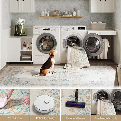 jinchan Spring Floral 2x3 Rugs for Entryway - Vintage Washable Area Rug Ultra-Thin Low Pile Soft Small Non Slip Distressed Indoor Doormat Accent for Entrance Kitchen Bedroom (2x3ft, Apricot Multi)