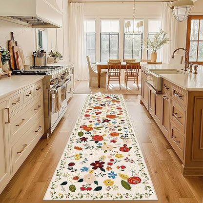 U'Artlines Runner Rug for Hallways & Kitchen - 2'6" x 10' Colorful Soft Non Slip Washable Boho Floral Floor Carpet for Entryway, Laundry Room, Bathroom - Beige
